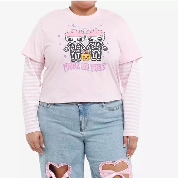 Sweet Society Skeleton Pink Stripe Twofer Long Sleeve T Shirt Trick or Treat L - Picture 13 of 14